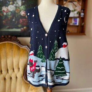 ☾ Vintage teddy bear skating scene embroidered and beaded Christmas vest sweater